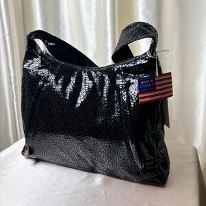 Liza Ganz Black Leather, Croc Embossed Glossy Bag